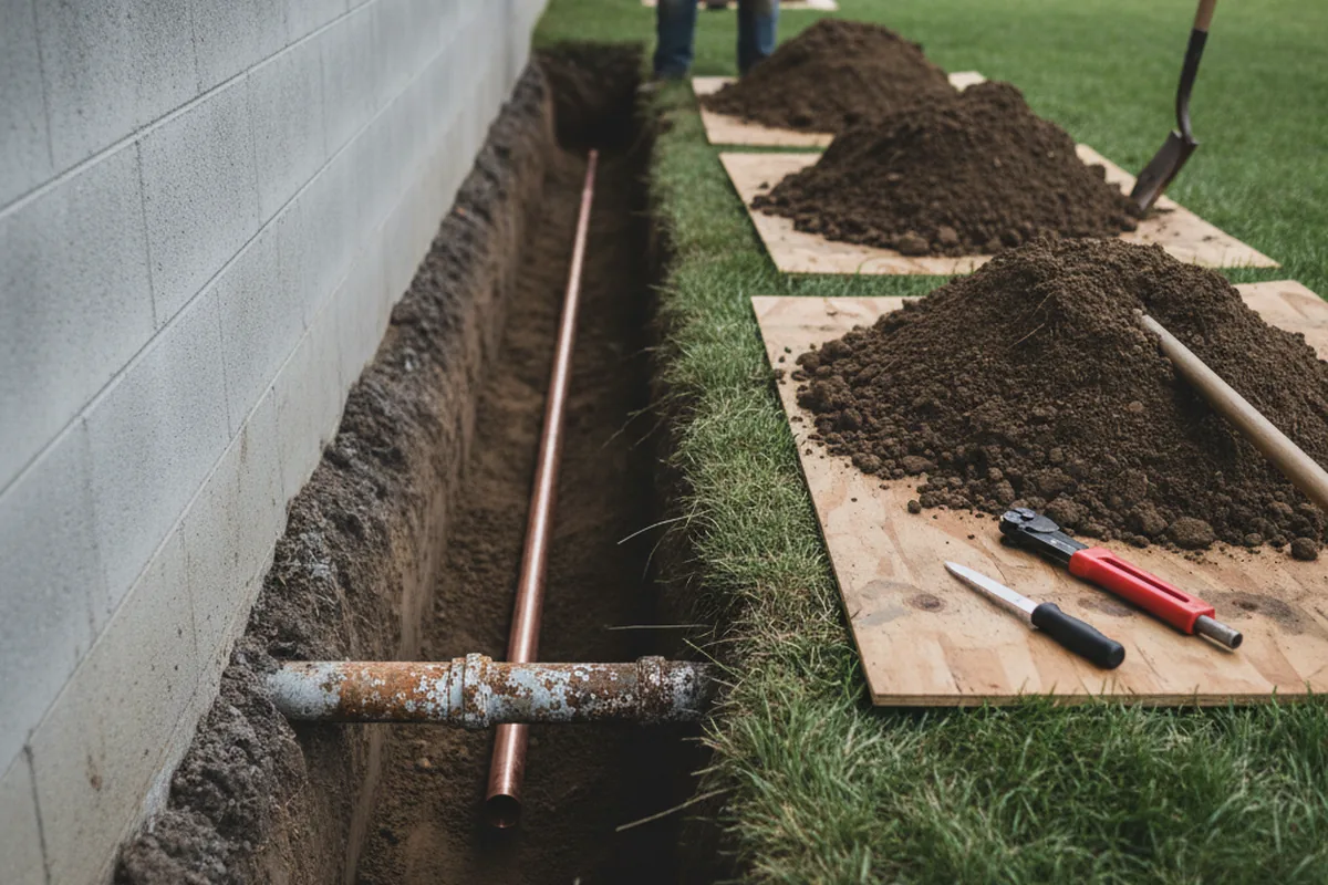 Excavated water line trench during Water Heater Repair in San Pedro